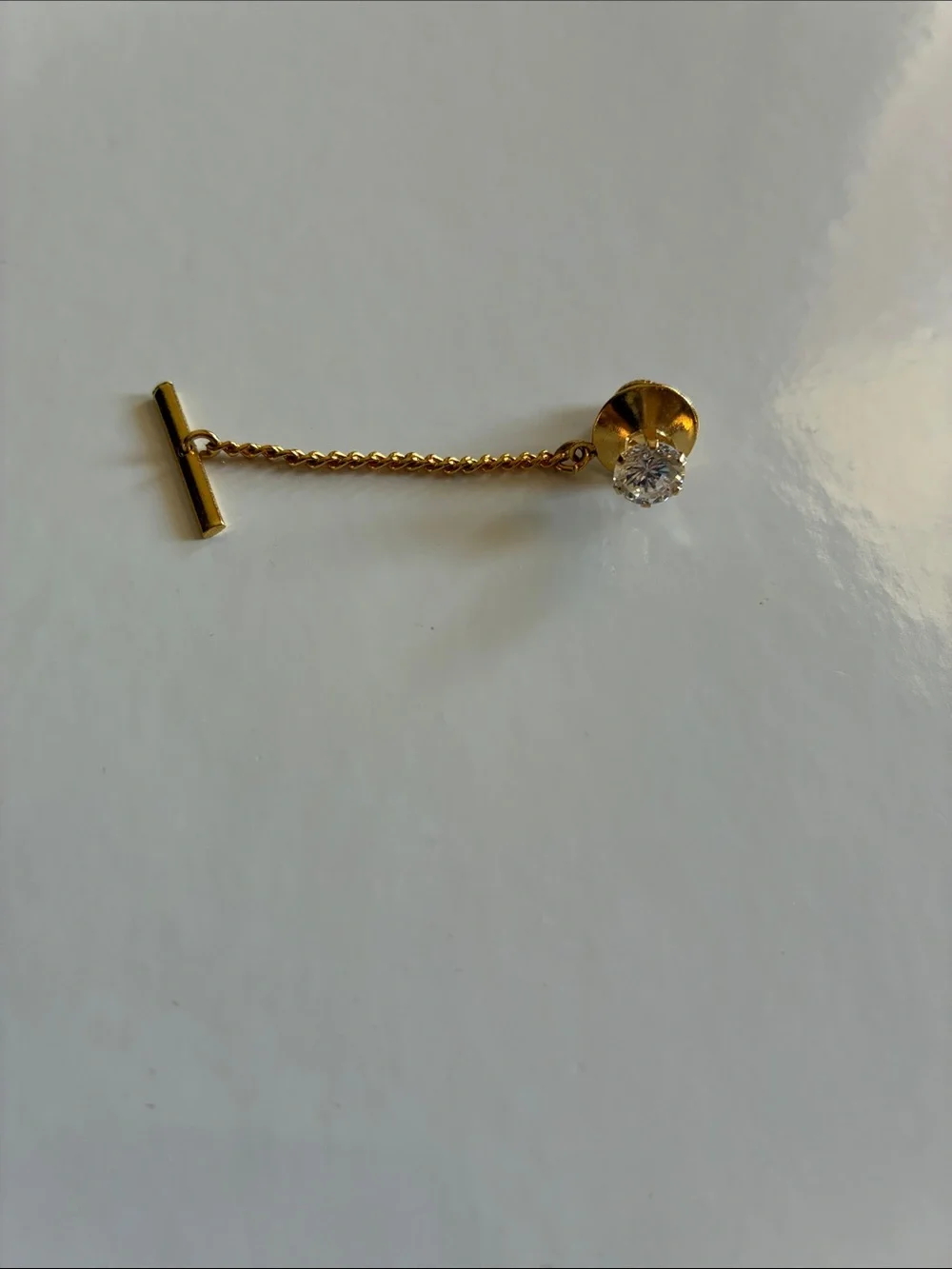 Gold Chain Tie Pin with Clear Stone Accent